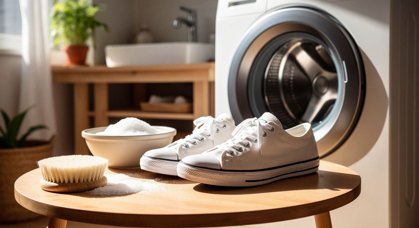 A pair of white canvas sneakers placed on a wooden table next to a soft brush, a bowl of baking soda and vinegar mixture, and a washing machine with its door open, all under warm sunlight in a Turkish home.