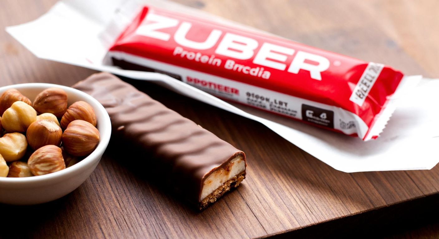 A close-up of a **Züber protein bar** unwrapped on a wooden table, with a small bowl of roasted hazelnuts beside it, evoking the nutty flavor and protein-rich content.