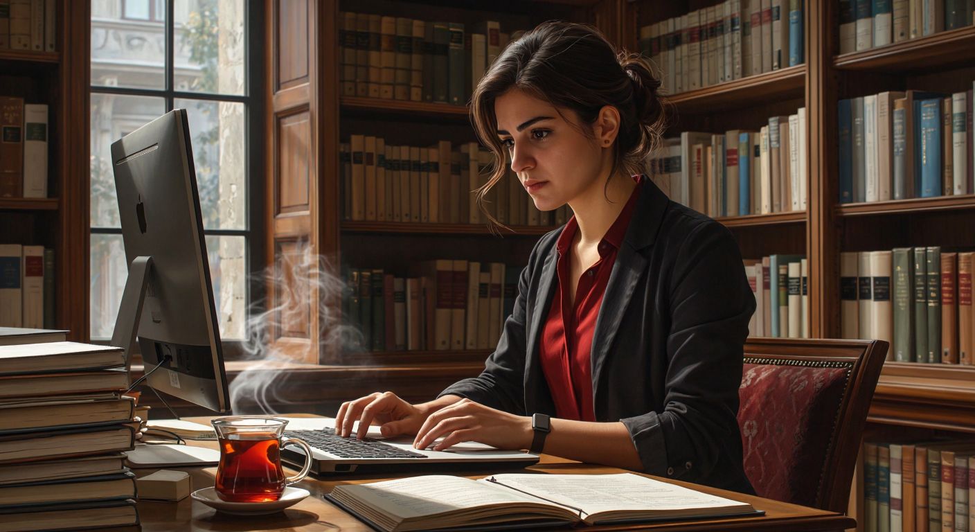 A focused Turkish researcher in a modern library, browsing scientific journals on a computer screen with a determined expression, surrounded by stacks of academic papers and a steaming cup of Turkish tea.