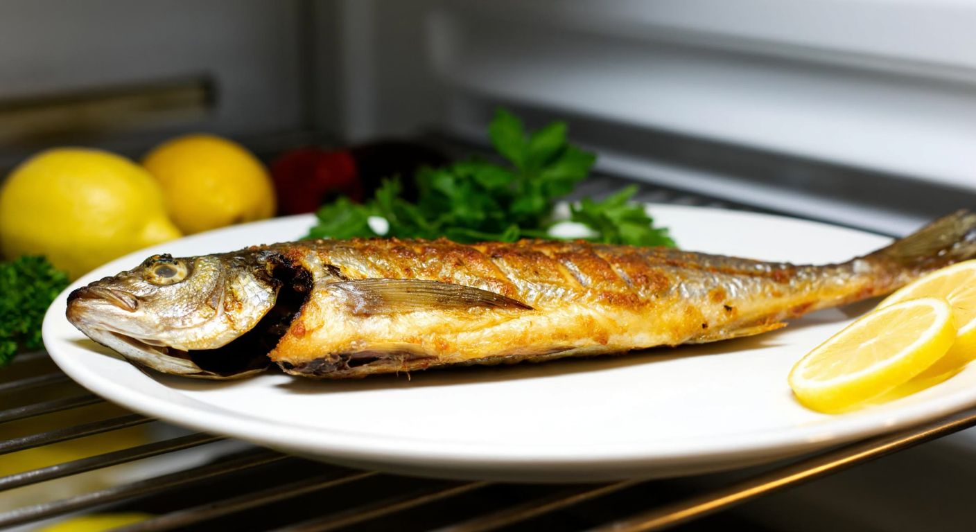 A golden-brown fried anchovy rests on a white plate inside a refrigerator, surrounded by fresh herbs and lemon slices, with a Turkish kitchen's warm lighting in the background.