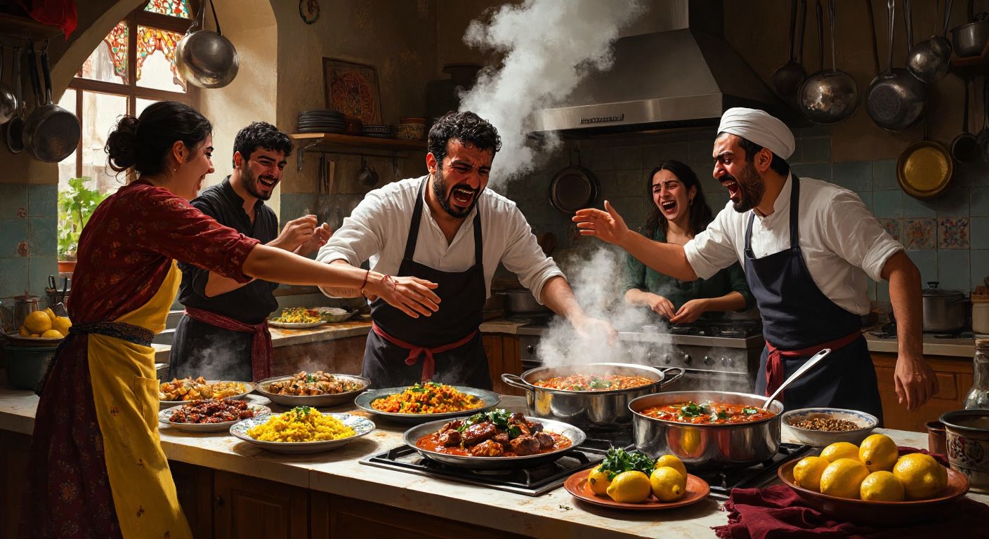 A lively Turkish kitchen scene with a person clutching their stomach in discomfort, another sadly pushing away a plate of steaming food, a third joyfully reaching for seconds of a colorful dish, someone mischievously eating lemons near a musician, and a chaotic pot overflowing with stew while bystanders scramble.