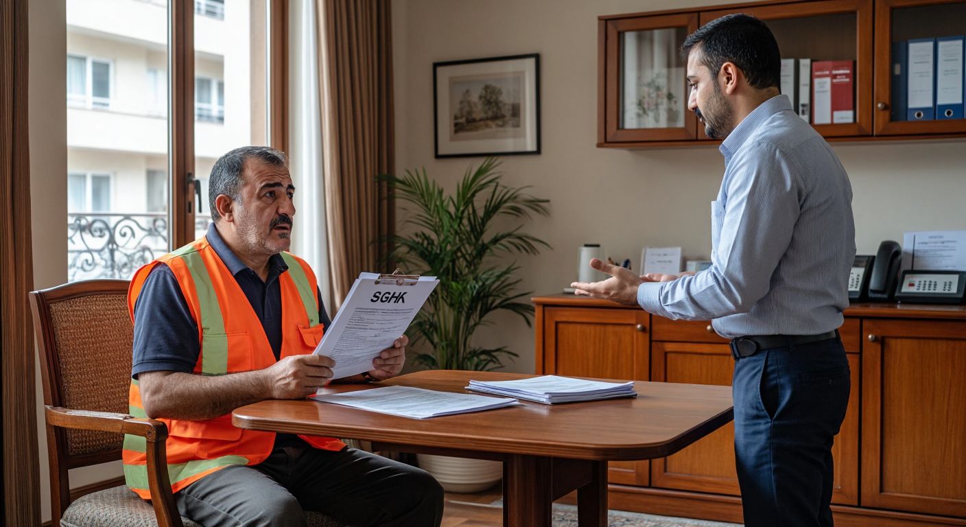A middle-aged Turkish worker in a construction vest sits at a small wooden table in a government office, holding retirement documents with a hopeful yet weary expression, while a civil servant in a formal shirt gestures reassuringly toward a folder labeled "SGK."  

*(Note: The "SGK" label is implied contextually but not visually depicted, adhering to the no-text rule.)*