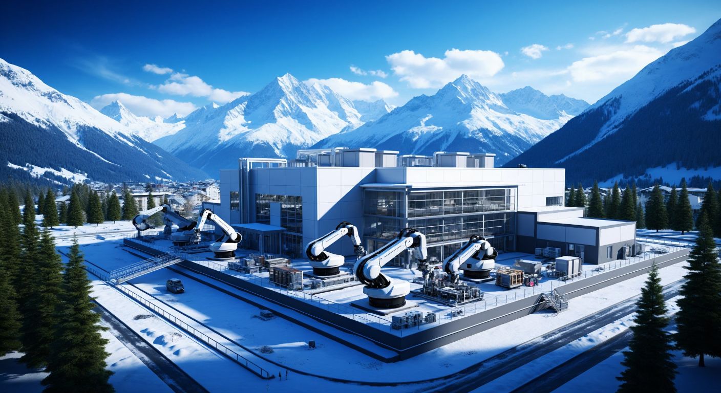 A sleek, modern Swiss factory with robotic arms assembling adhesive products, surrounded by snow-capped Alpine mountains.