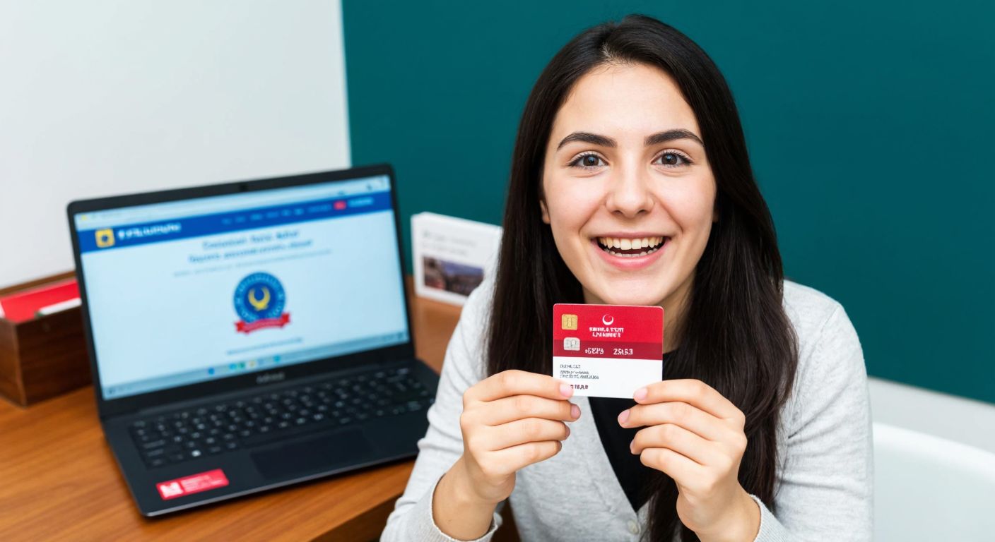 A young Turkish student with a hopeful expression sits at a wooden desk, holding a national ID card and a PTT-issued e-Devlet password slip, with a laptop displaying a government website in the background.