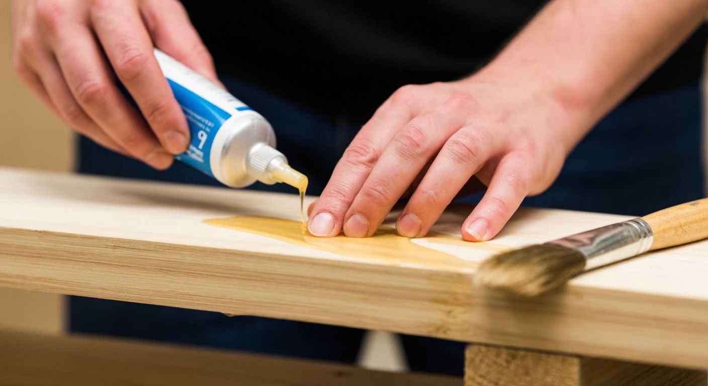 A close-up of a person’s hands carefully applying a thin layer of clear adhesive from a small Unecol SL 94 tube onto a clean, dry wooden surface, with a brush nearby and a focused expression.