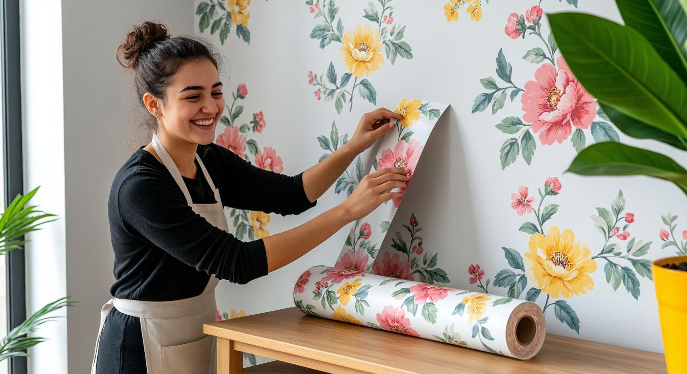 A smiling person in a modern Turkish home effortlessly applying a self-adhesive floral-patterned wallpaper to a clean white wall, with a neatly organized roll of spare wallpaper resting on a wooden table nearby.