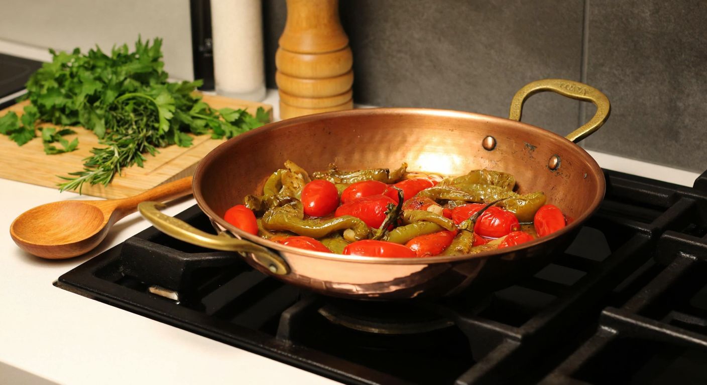 A small, well-used 20 cm copper frying pan sits on a stove in a cozy Turkish kitchen, filled with sizzling peppers and tomatoes, surrounded by fresh herbs and a wooden spoon, evoking warmth and shared meals.