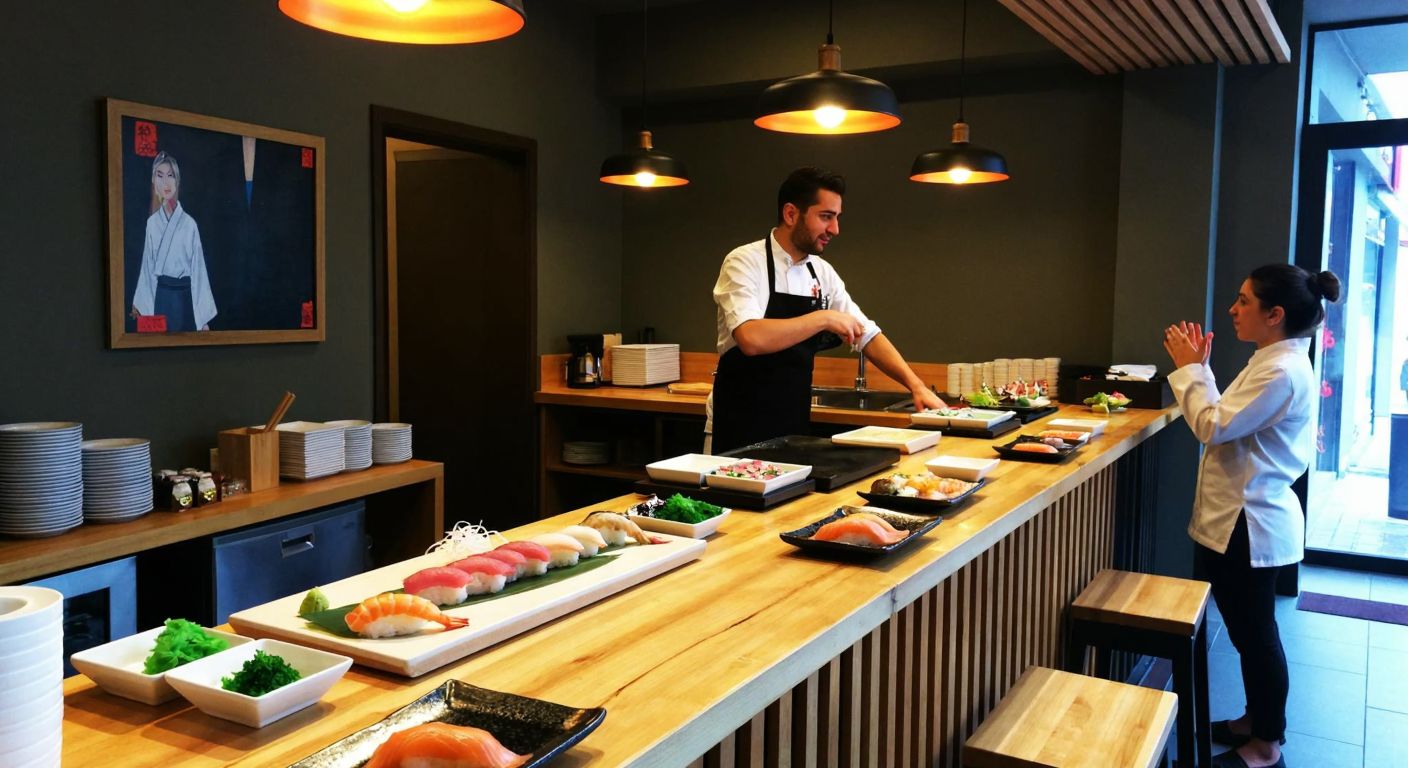 A cozy Japanese-style sushi restaurant in Istanbul's Fişekhane district, with a wooden counter displaying fresh sushi rolls and a waiter politely shaking their head in response to a customer's question.