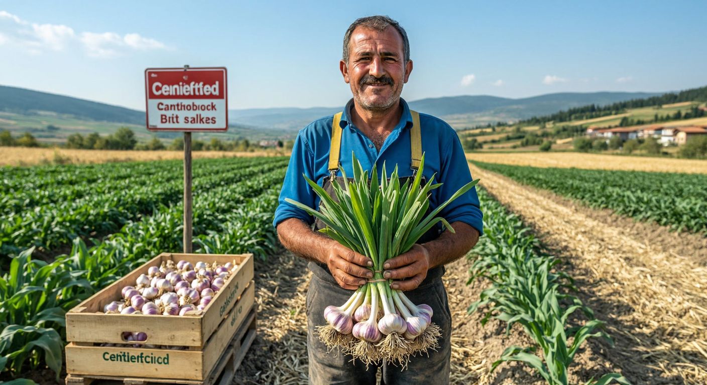 A Turkish farmer in Kastamonu proudly holds a freshly harvested bundle of Taşköprü garlic in a sunlit field, with a wooden crate of certified seeds nearby and a road sign prohibiting roadside sales in the background.