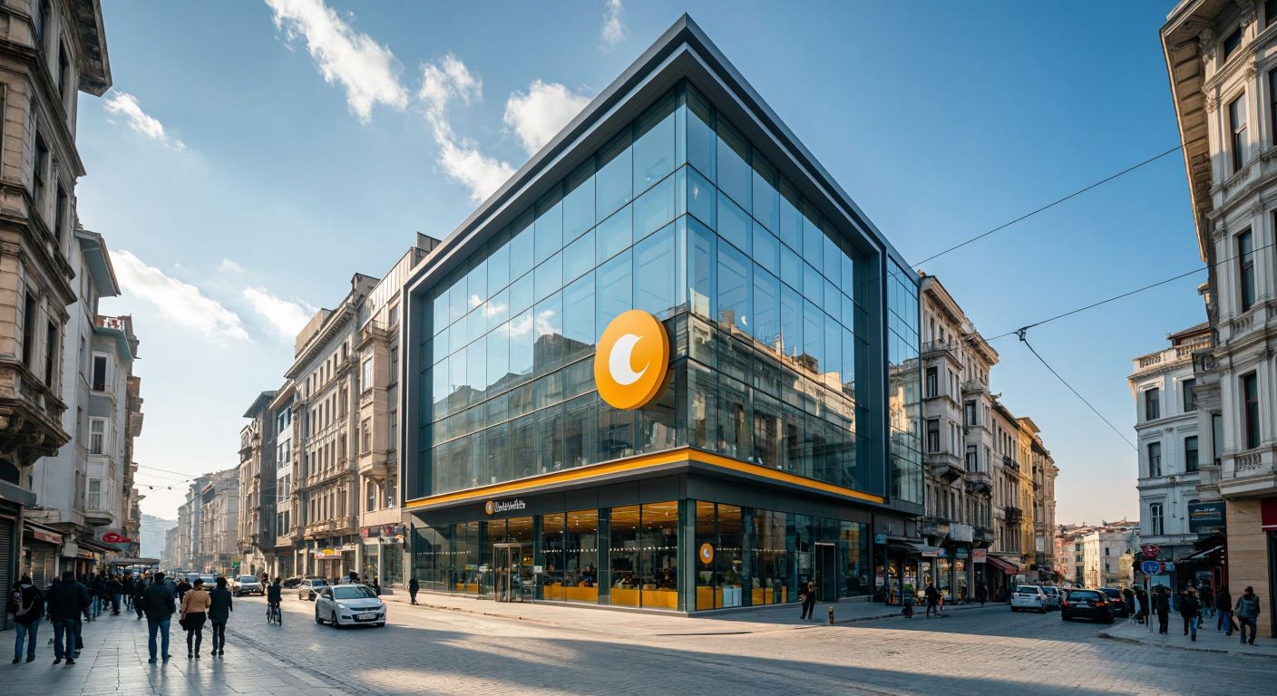 A modern glass-fronted plaza in Beyoğlu, Istanbul, with the Turkcell logo subtly integrated into its architecture, surrounded by bustling streets and historic buildings under a bright sky.
