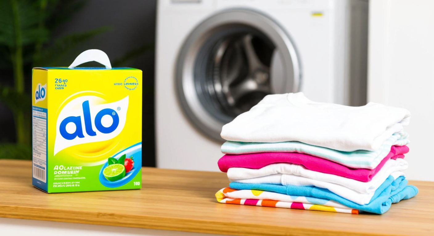 A bright yellow box of Alo detergent sits on a wooden laundry table next to a neatly folded pile of white and colorful clothes, with a washing machine in the background.