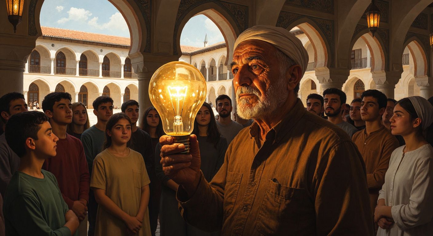 A glowing lightbulb held by an elderly Turkish man with a thoughtful expression, surrounded by a diverse group of young people listening intently in a sunlit courtyard with traditional Ottoman-style arches in the background.