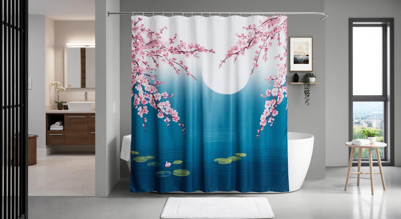 A serene Japanese-style shower curtain with delicate cherry blossom motifs hangs elegantly in a modern bathroom, reflecting calmness and durability with its smooth polyester fabric.