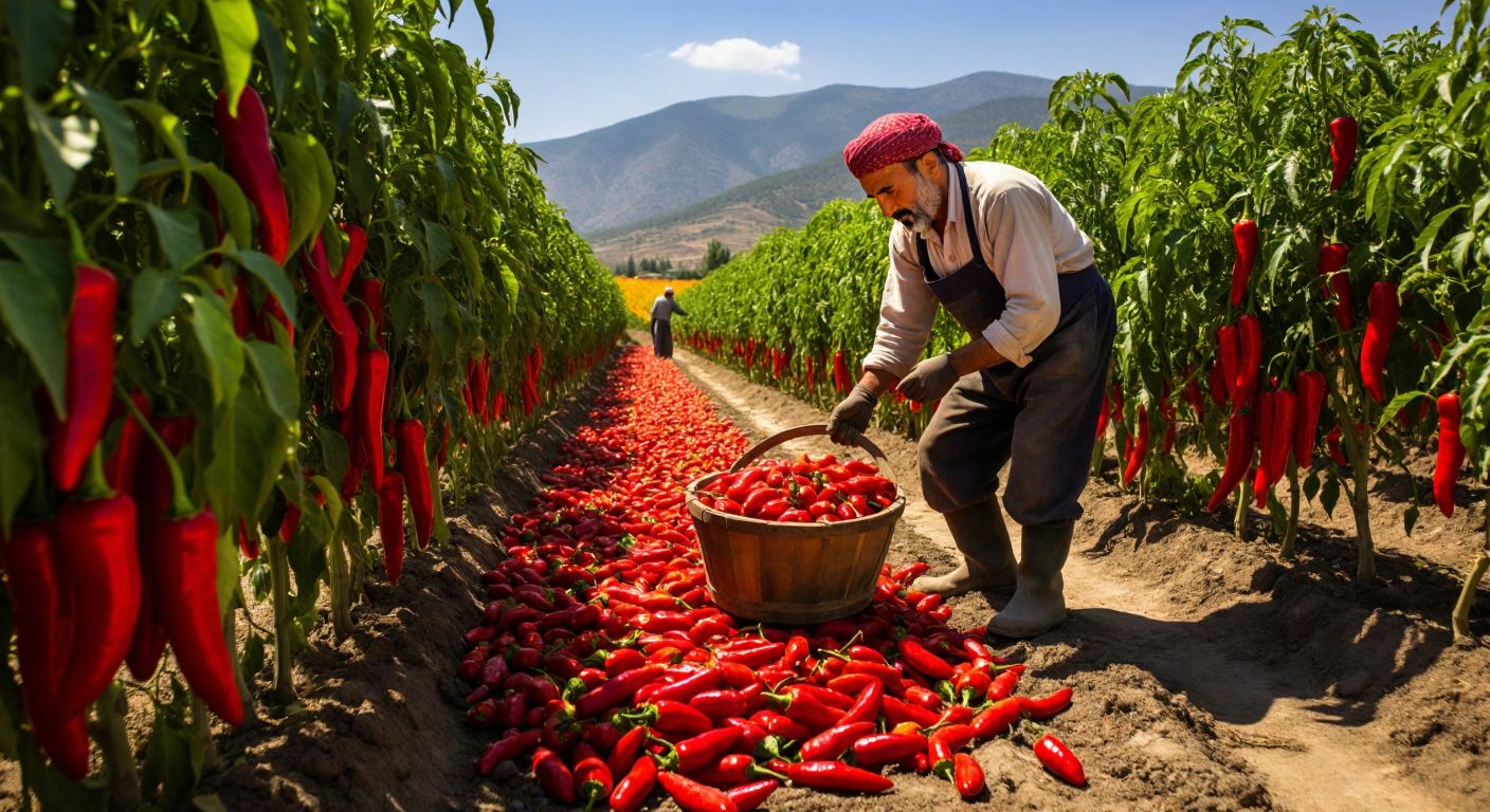 A sun-drenched field in Kahramanmaraş with vibrant red pepper plants, their ripe fruits glistening, and a farmer in traditional Turkish clothing carefully harvesting them with pride.