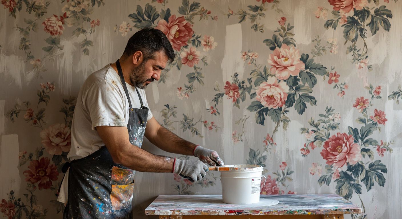 A Turkish man in a paint-splattered apron carefully smoothens a floral-patterned wallpaper onto a freshly prepared wall using a wide brush, while a bucket of adhesive sits nearby.