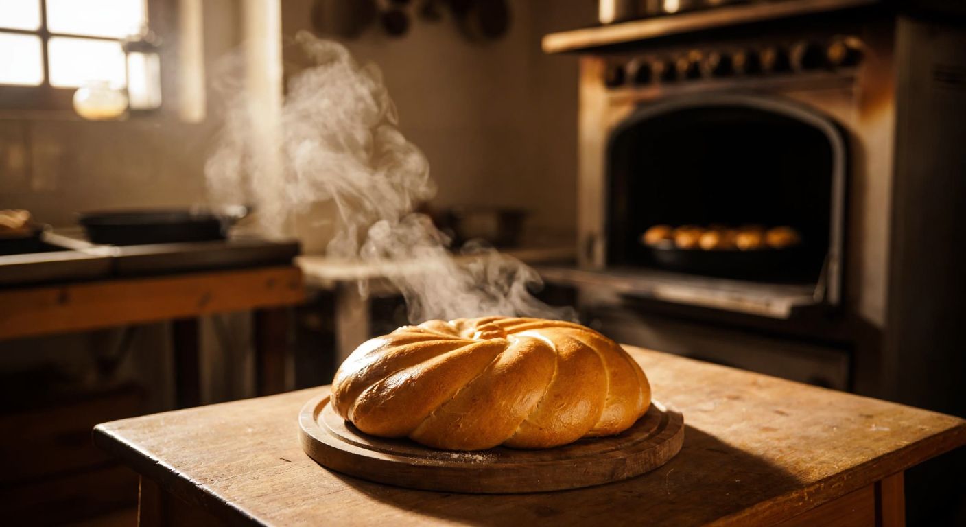 A golden-brown beze resting on a rustic wooden table in a warm Turkish kitchen, with steam gently rising as it cools near an open oven.