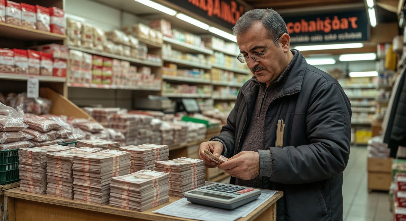 A Turkish business owner in a bustling marketplace carefully counting stacks of lira bills next to a ledger and a small calculator, with shelves of goods in the background.