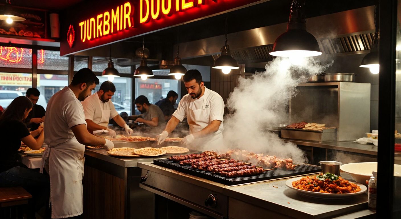 A bustling Turkish dürüm restaurant with a steaming grill, workers in white aprons wrapping meat in flatbread, and customers enjoying their meals, all under warm lighting with no alcoholic beverages in sight.