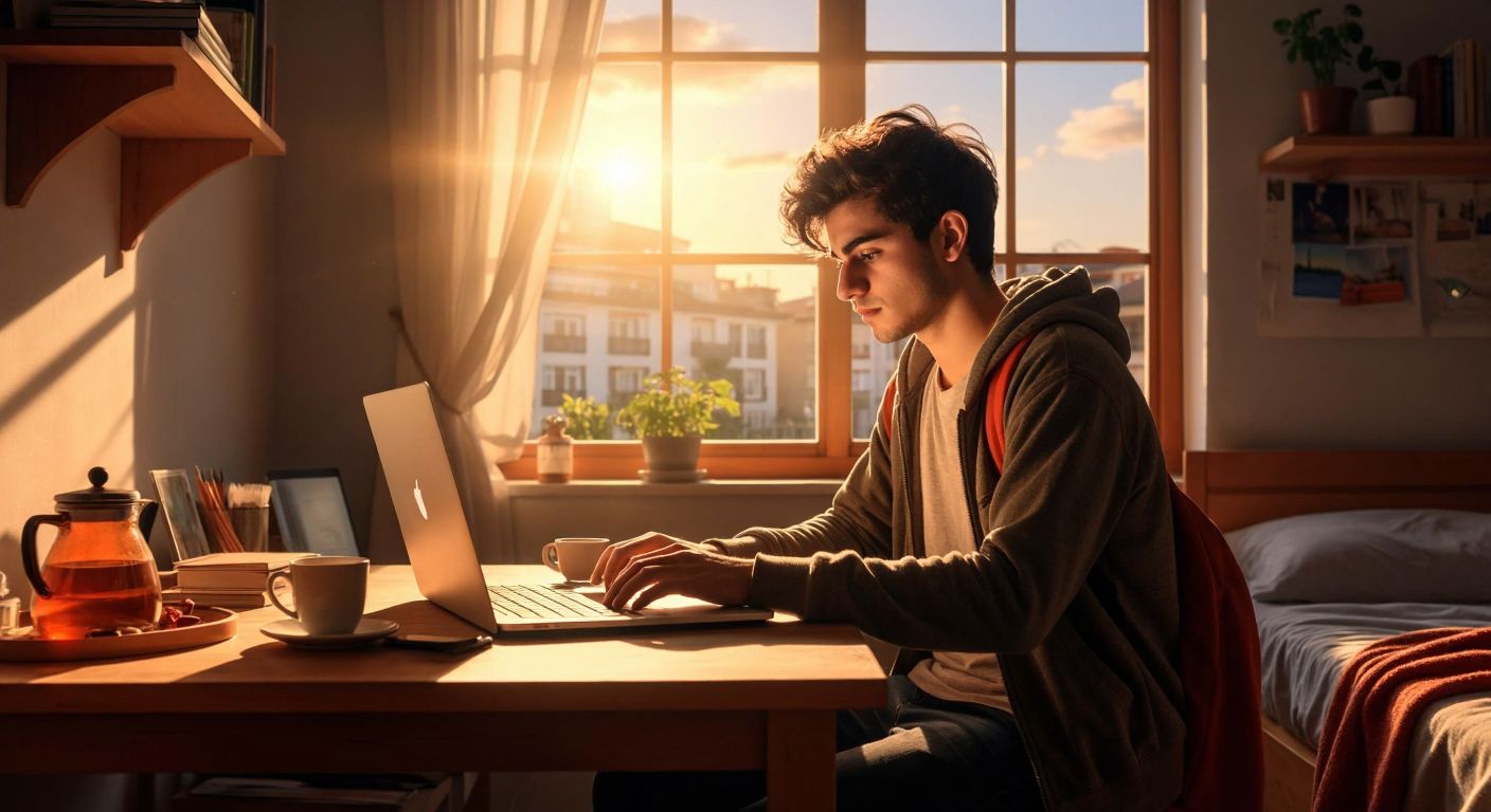 A young Turkish university student in a casual outfit sits at a wooden desk in a sunlit dorm room, typing on a laptop with a focused expression, while a steaming cup of Turkish tea sits beside them.