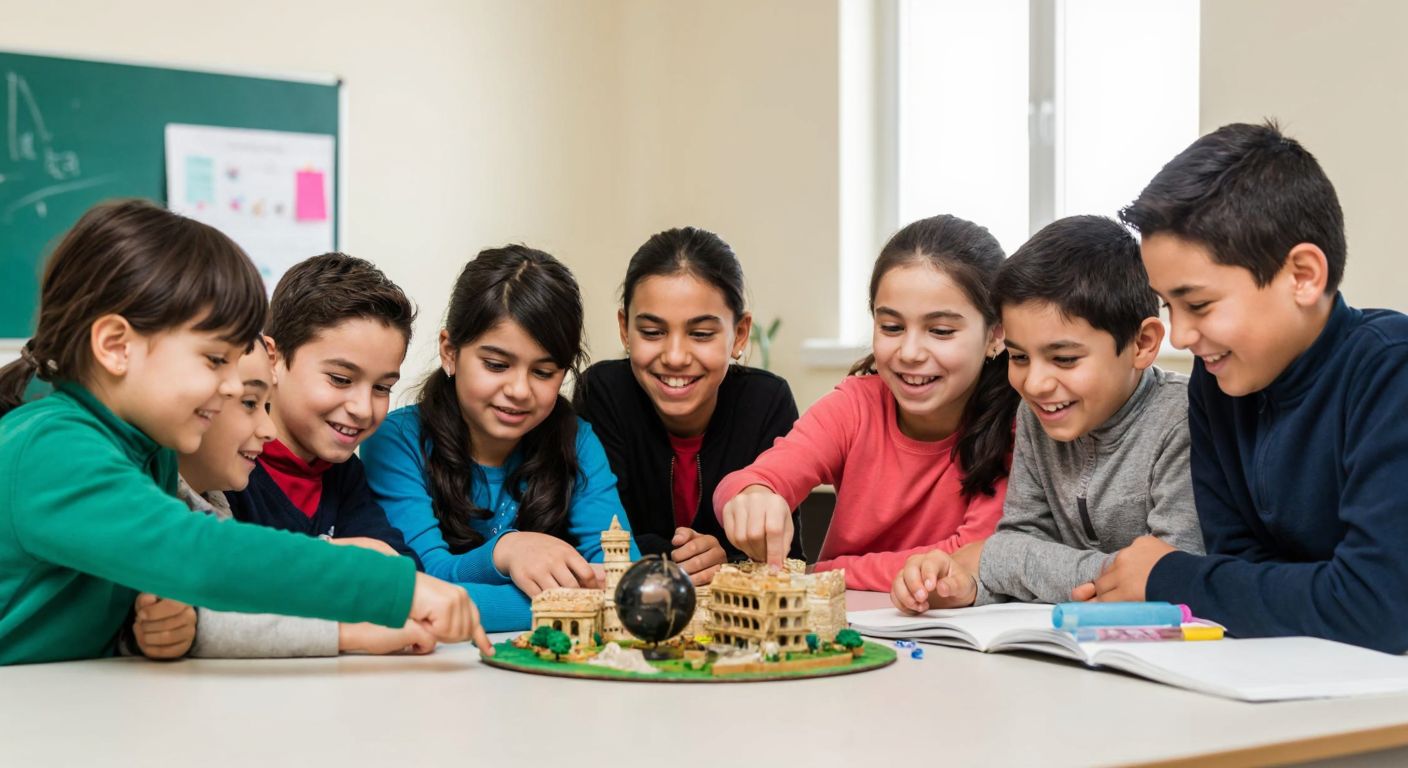 A diverse group of Turkish children in a classroom, smiling and collaborating on a colorful project featuring a globe, ancient artifacts, and a small-scale model of a neighborhood, symbolizing unity, heritage, and learning.