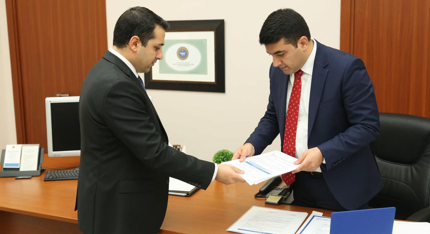 A professional Turkish insurance agent in a formal office setting reviews documents while a TOBB official in a suit conducts a physical inspection of the workspace, with a framed certificate and a computer monitor (screen content not visible) in the background.