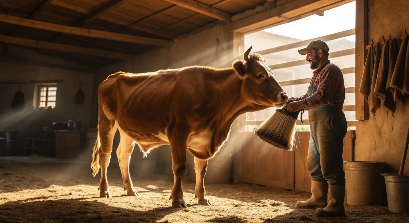 A contented brown cow standing in a sunlit Turkish barn, gently rubbing against a rotating scratching brush with soft bristles, while a farmer in traditional work clothes watches with a smile.