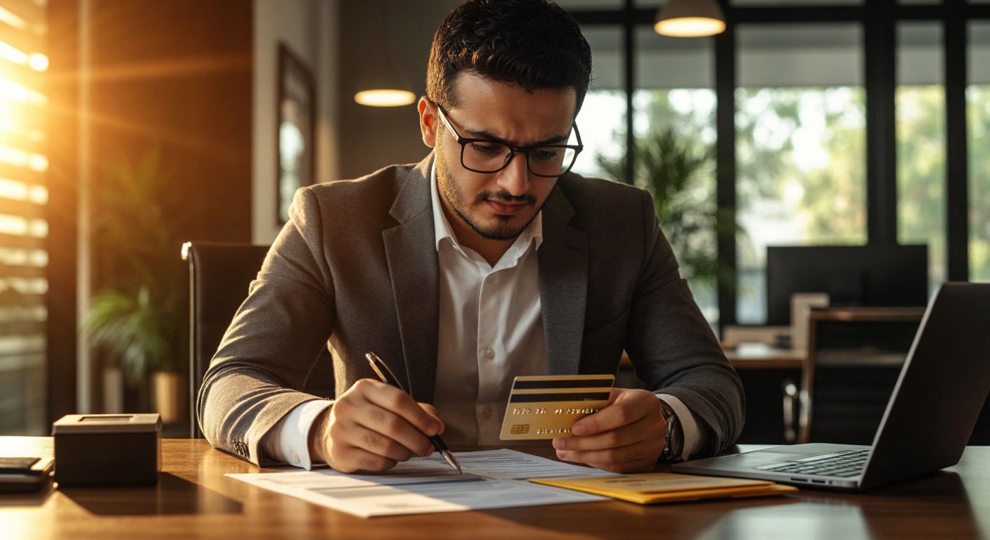 A Turkish accountant in a modern office, wearing glasses and a formal shirt, carefully reviewing a ledger with a credit card and receipts placed on a wooden desk under warm lighting.