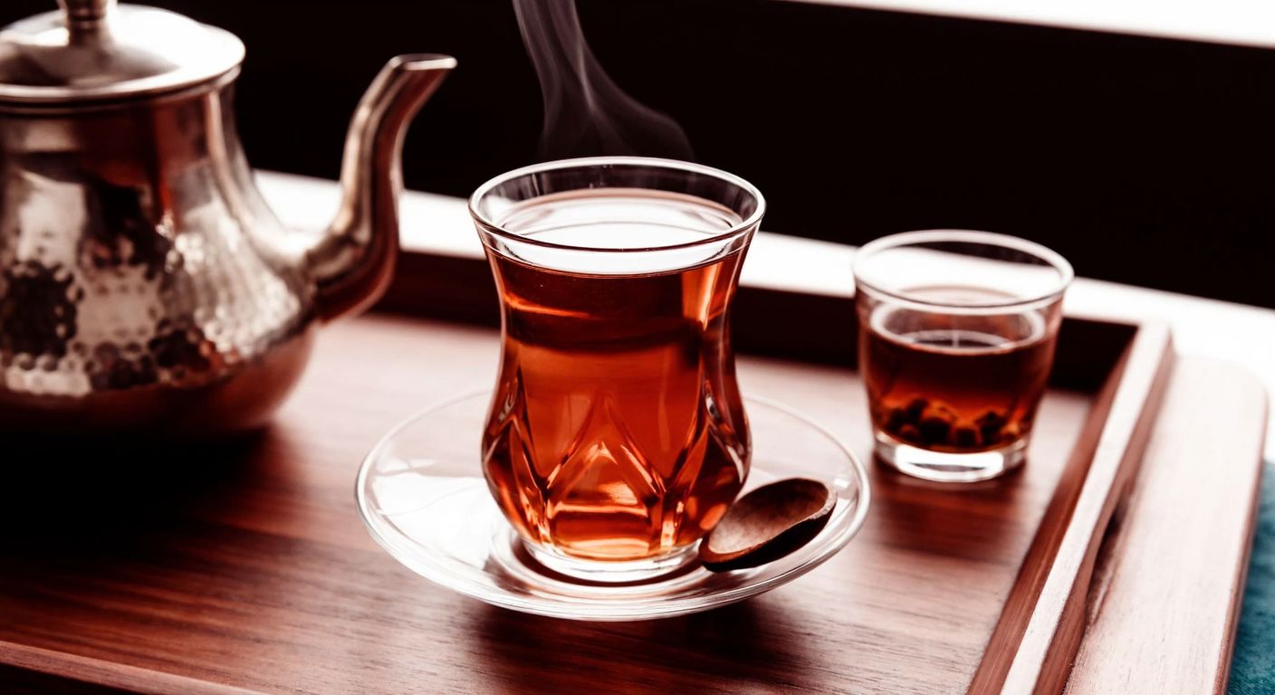 A clear glass tea cup with intricate optical patterns rests on a small saucer, filled with steaming amber tea, placed on a wooden tray beside a traditional Turkish teapot, evoking warmth and hospitality.