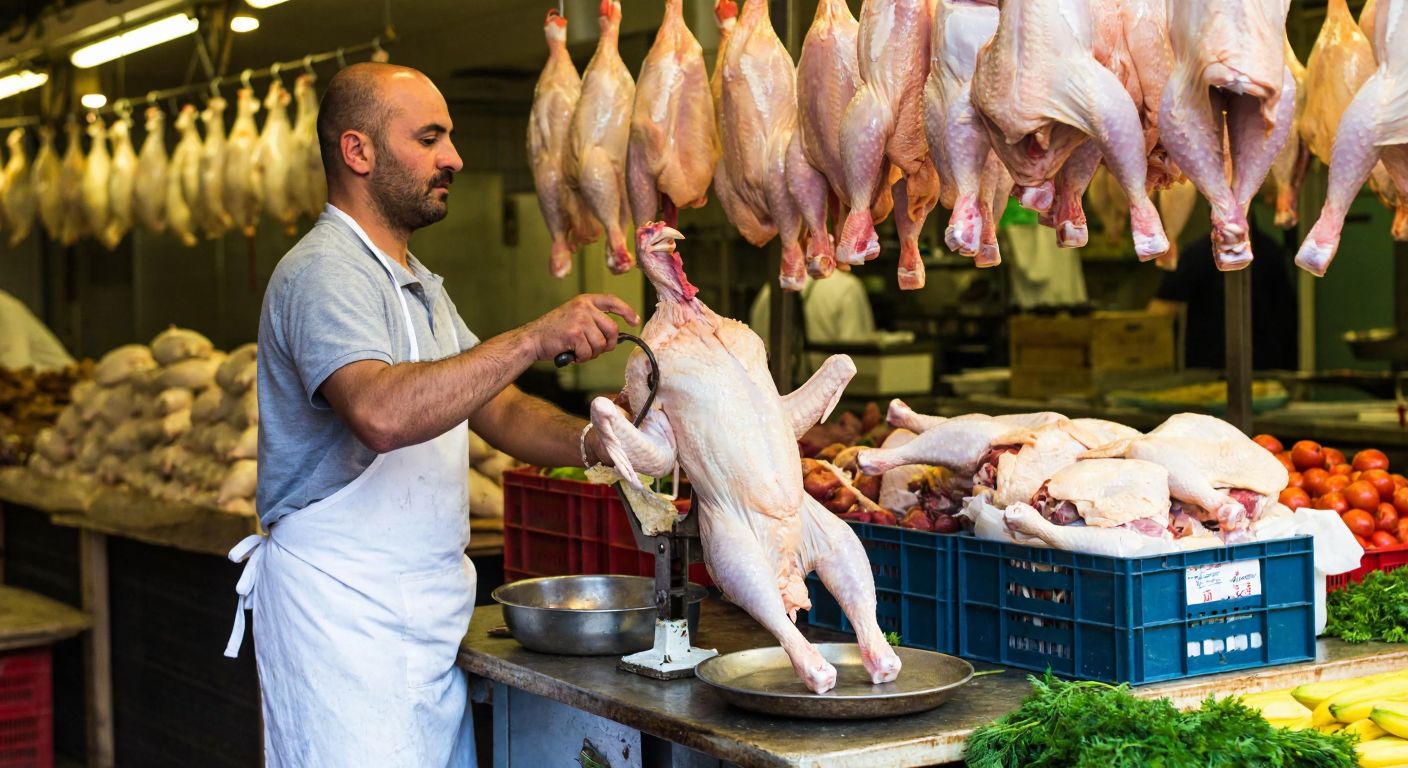 A butcher in a white apron carefully weighing a freshly plucked chicken on a rustic scale in a bustling Turkish poultry market, surrounded by hanging poultry and crates of produce.
