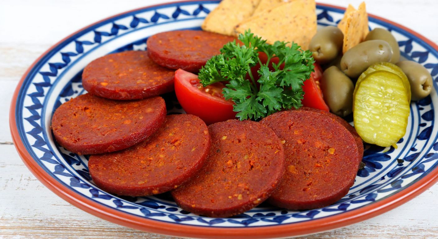 A vibrant plate of sliced vegan sucuk with a rustic texture, garnished with fresh parsley and served alongside olives and pickles on a traditional Turkish ceramic plate.