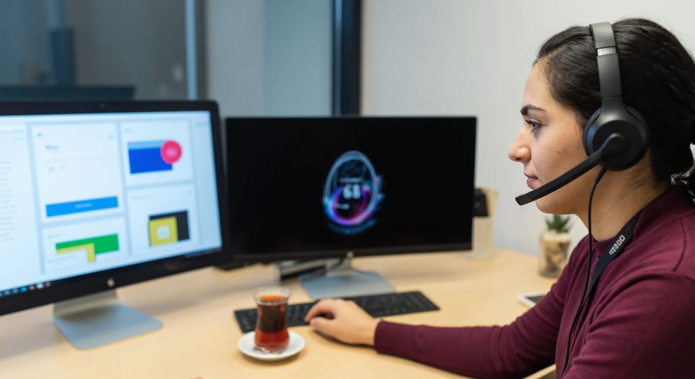 A person in a modern Turkish office, wearing a headset and looking at a computer screen displaying colorful design templates, with a focused expression and a cup of Turkish tea on the desk.