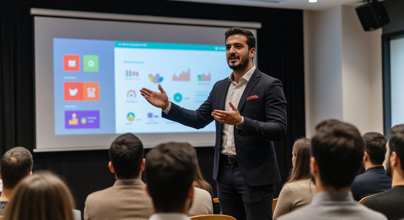 A confident Turkish presenter in a sharp suit stands before a modern audience, gesturing toward a sleek projection screen displaying minimalist, visually engaging slides with vibrant colors and clear icons, while attentive listeners nod in understanding.
