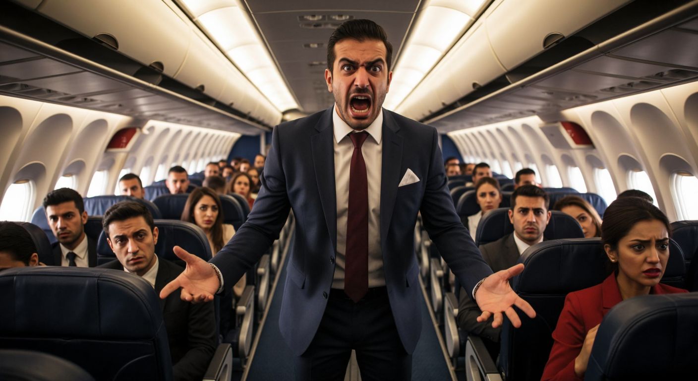 A well-dressed Turkish businessman in a suit stands angrily in an airplane aisle, gesturing aggressively while distressed flight attendants and passengers watch nervously.