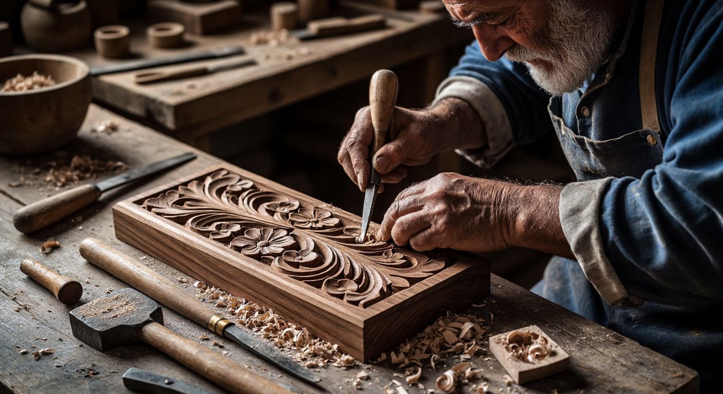A skilled Turkish craftsman with weathered hands carefully carves intricate floral patterns into a smooth block of walnut wood using a chisel and mallet, surrounded by wood shavings and traditional oyma tools on a rustic wooden workbench.