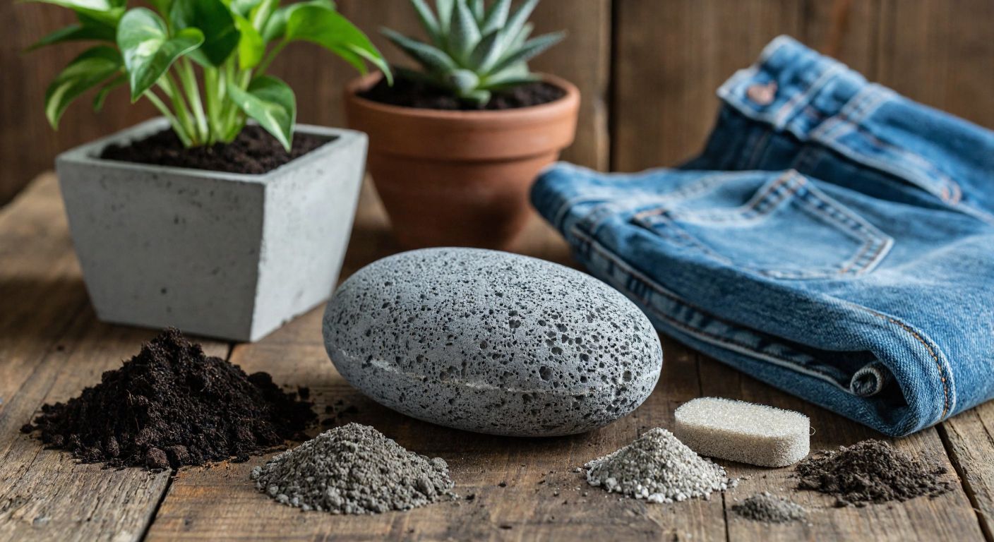 A rugged, porous gray pomza stone sits on a wooden table surrounded by small piles of lightweight concrete, a potted plant in volcanic soil, a pair of faded jeans, and a foot-care kit with a natural pumice scrubber.