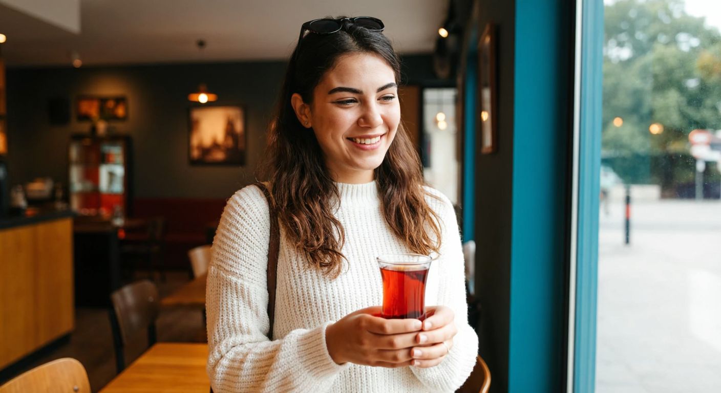 A young Turkish woman smiling warmly while holding her phone, standing in a cozy café with a cup of Turkish tea, as she thoughtfully types a message inspired by a shared interest in a nearby art exhibit.