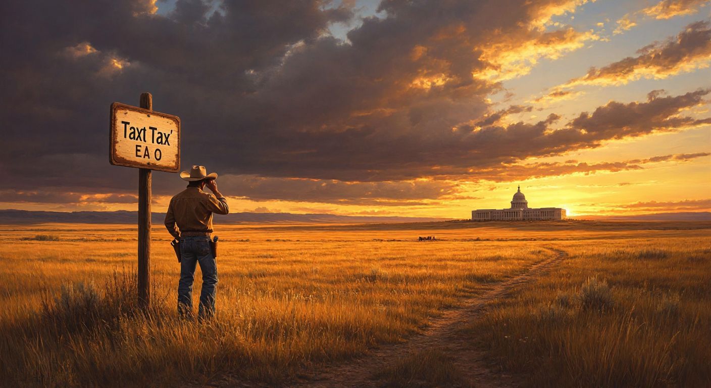 A vast, open Wyoming prairie with a golden sunset, a cowboy tipping his hat in relief beside a wooden signpost with no tax symbols, while a distant federal building stands under a cloudy sky.