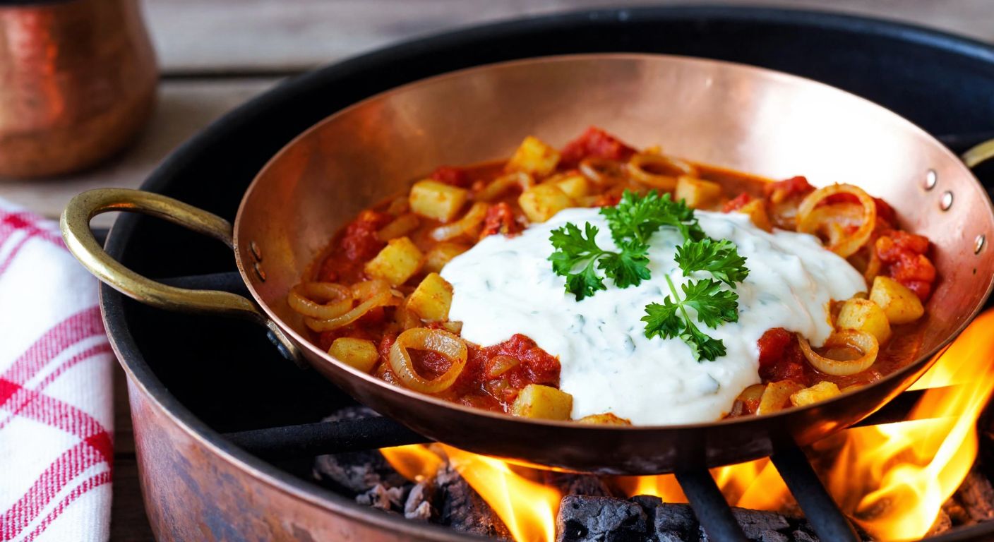 A rustic Turkish kitchen with a copper pan sizzling over a flame, filled with golden sautéed onions and red pepper paste, while a wooden spoon stirs in creamy salted yogurt, garnished with fresh parsley.