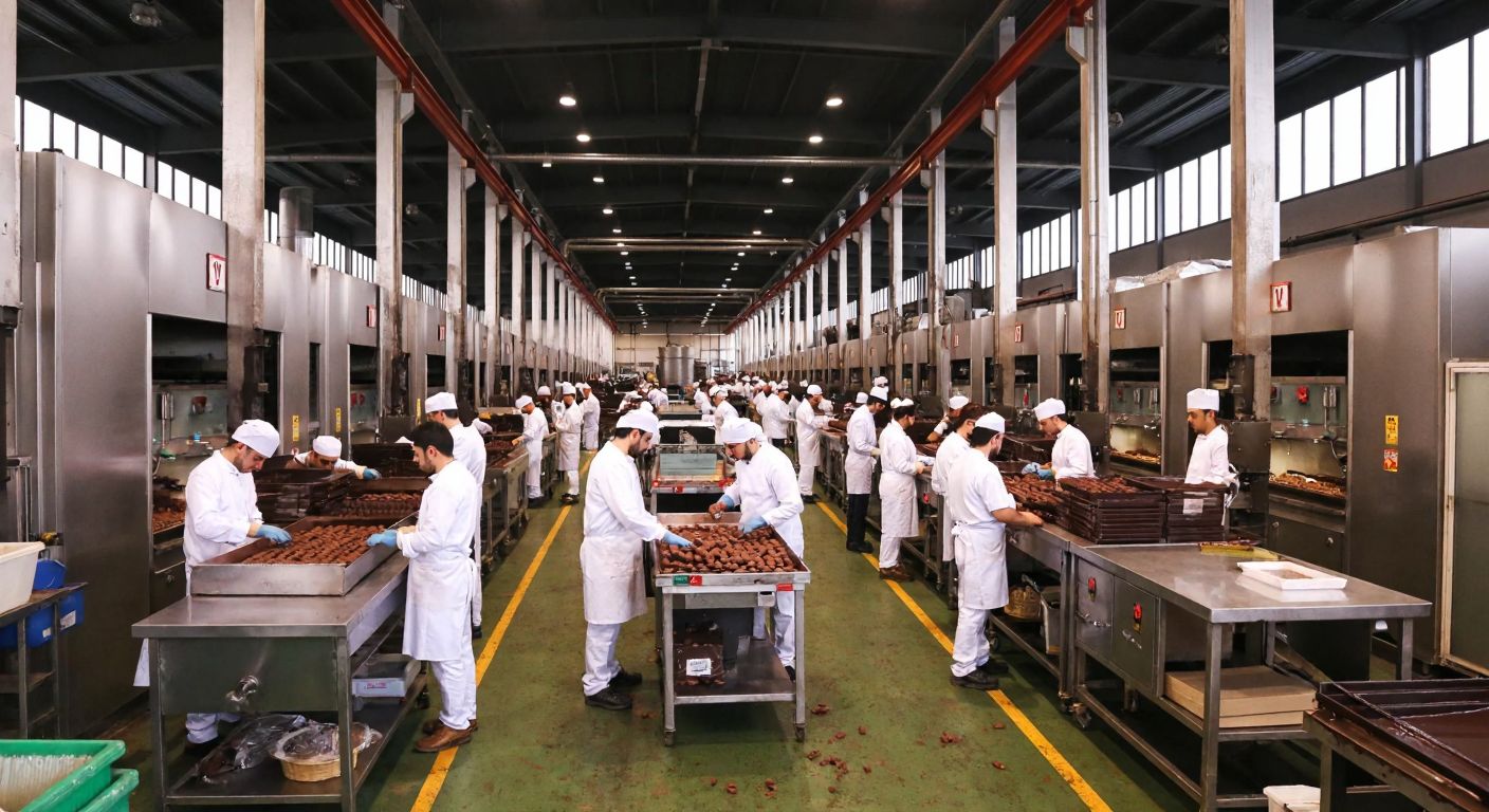A bustling chocolate factory in Ankara with large industrial buildings, workers in white uniforms packaging sweets, and the warm aroma of melting chocolate filling the air.