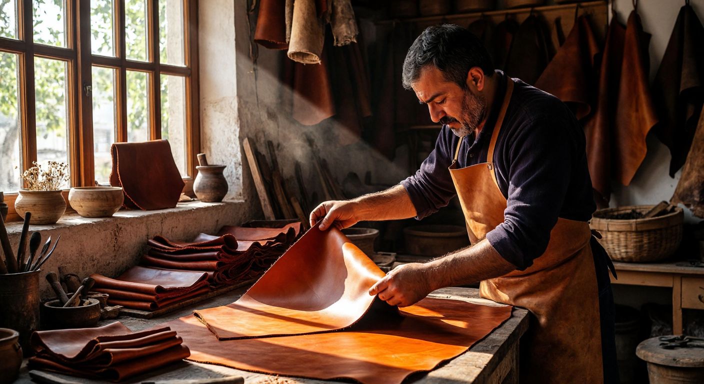 A skilled Turkish artisan carefully examines a rich, supple piece of vegetable-tanned leather in a sunlit workshop, surrounded by traditional tools and natural dyes.