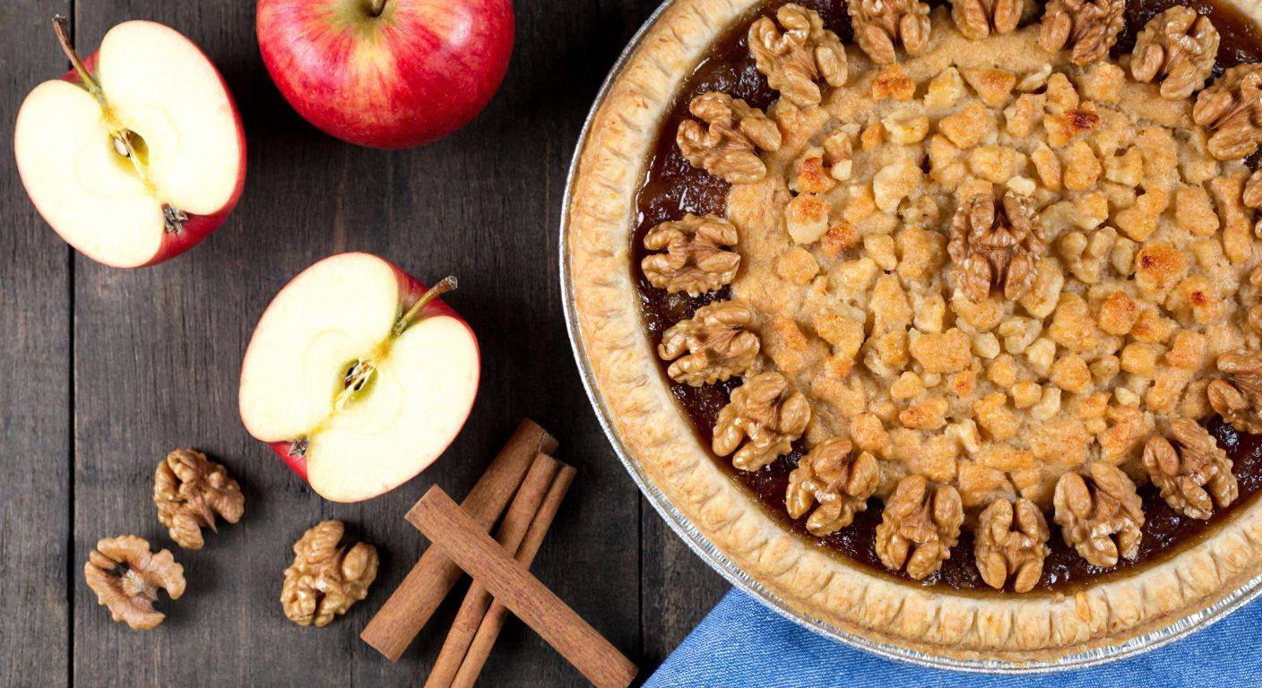 A golden-brown Turkish walnut tart sits on a rustic wooden table, its flaky crust filled with a glossy layer of marmalade and sprinkled with crushed walnuts, while a peeled apple, cinnamon sticks, and whole walnuts lie nearby.