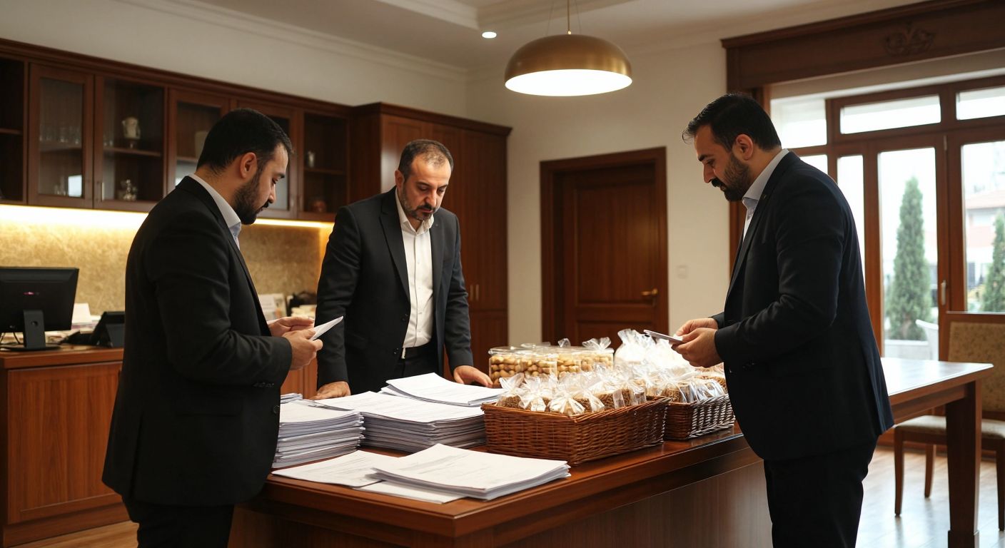 A municipal office in Turkey with officials in formal attire reviewing documents and discussing procurement, while a vendor in casual clothing presents a sample product on a wooden table under warm indoor lighting.