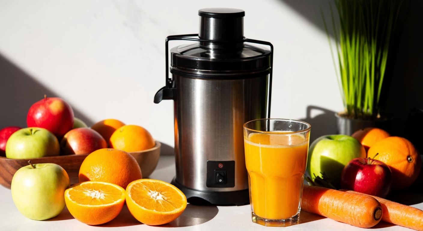 A stainless steel juicer sits on a sunlit Turkish kitchen counter, surrounded by fresh oranges, apples, and carrots, with a glass of vibrant orange juice beside it, reflecting health and simplicity.