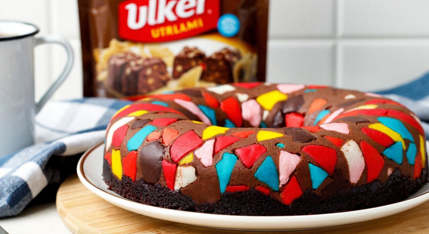 A colorful, crumbly mosaic-patterned chocolate cake on a plate, with a partial view of a **Ülker** brand packaging in the background, placed on a wooden table in a cozy Turkish kitchen.