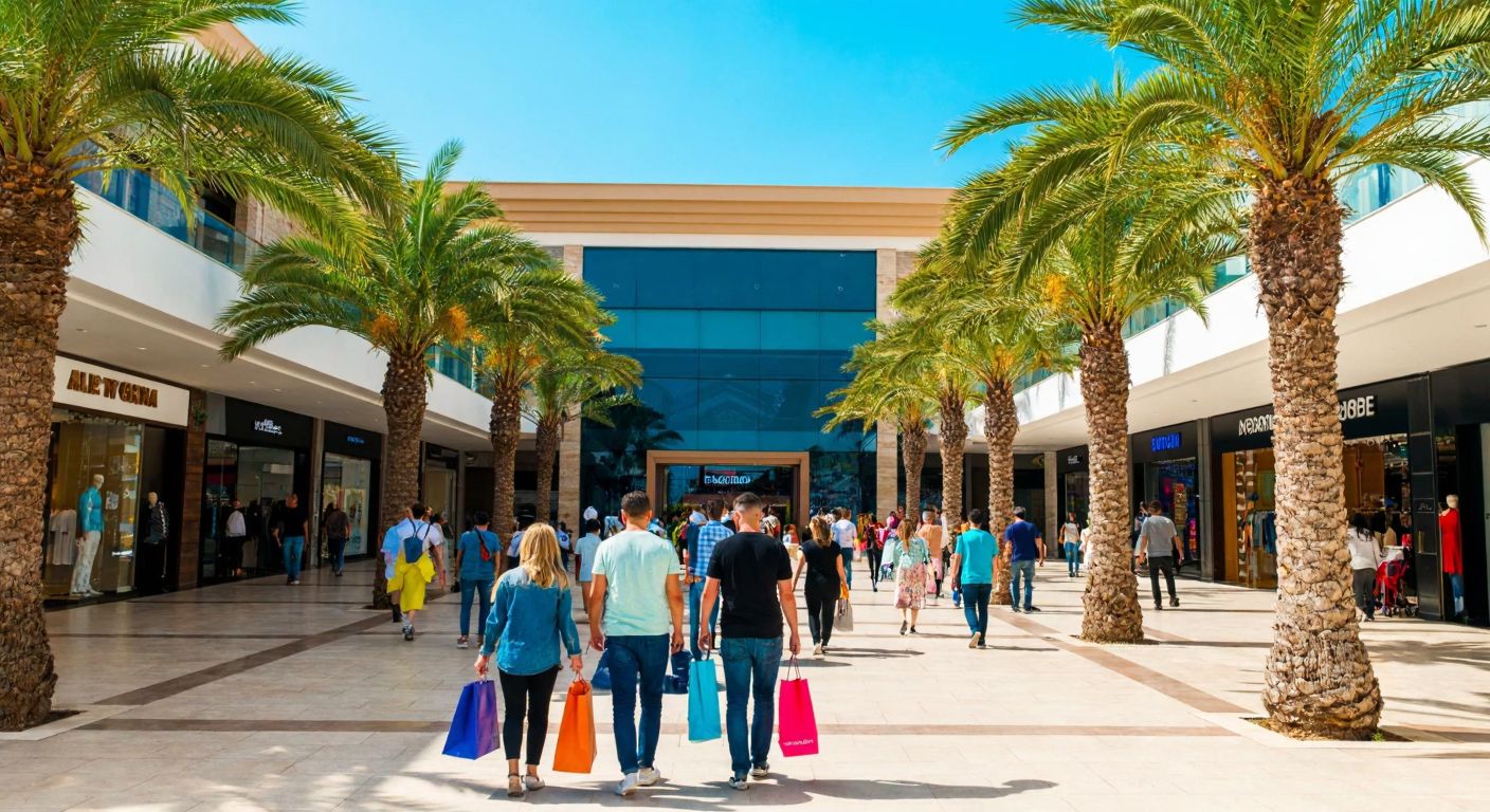 A bustling shopping mall in Alanya with palm trees lining the entrance, people carrying colorful shopping bags, and the warm Mediterranean sun shining on the modern glass-and-stone facade.