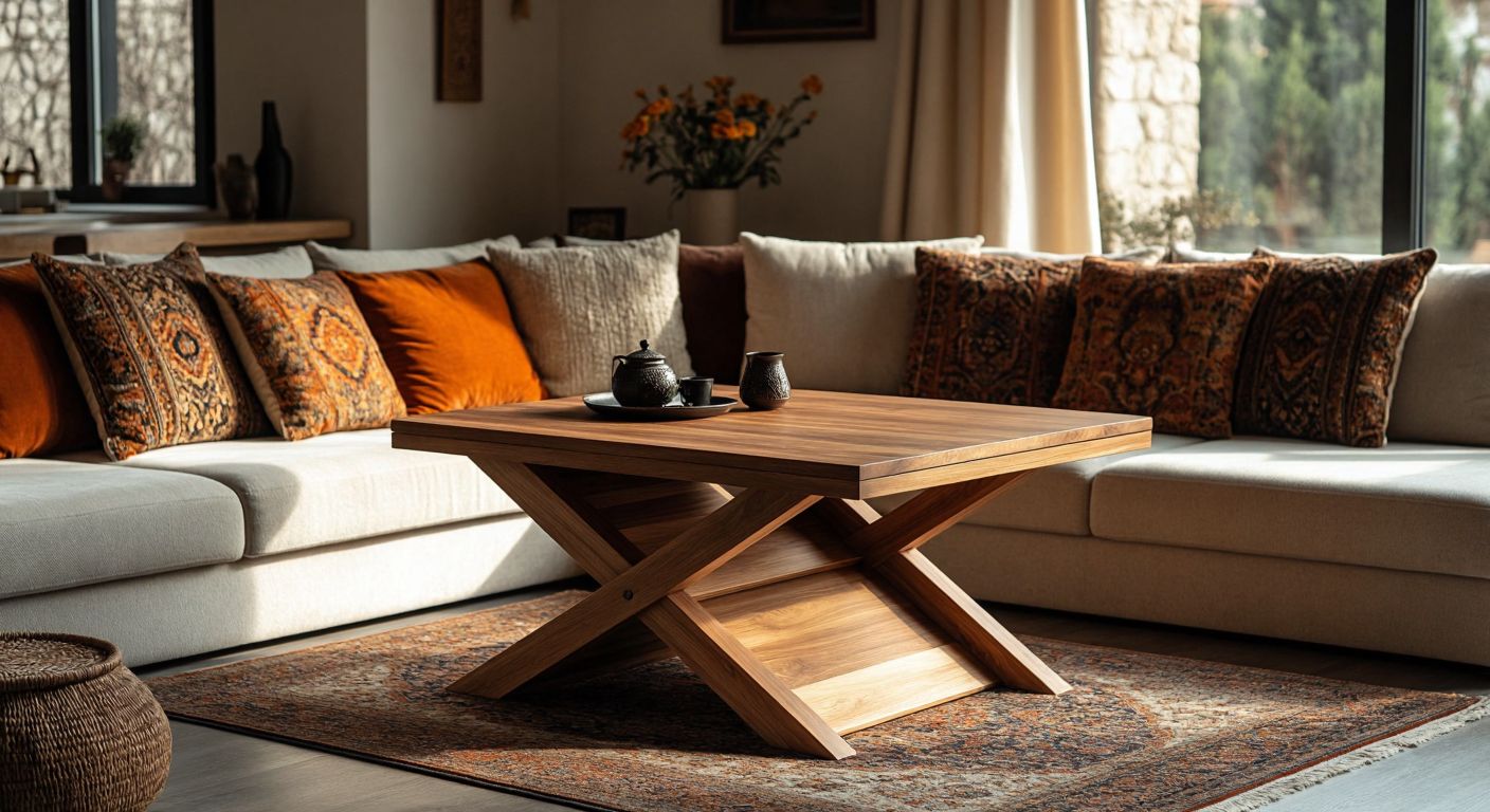 A sleek, modern wooden Seattable in a cozy Turkish living room, transformed from a low-backed chair into a small table with a simple flip, surrounded by plush cushions and warm lighting.