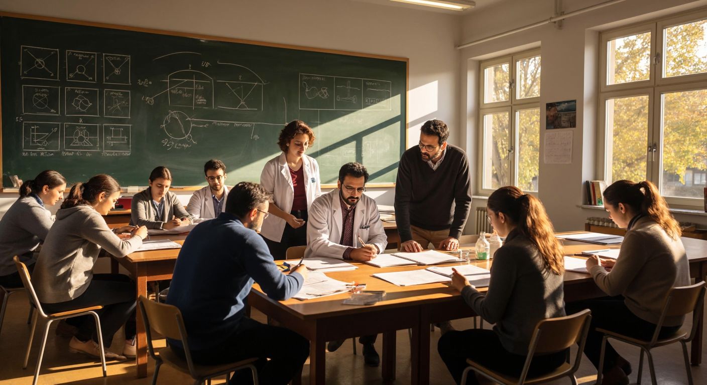 A group of Turkish physics teachers in a sunlit classroom, collaboratively reviewing lesson plans and lab safety procedures, with a chalkboard covered in diagrams of scientific experiments behind them.