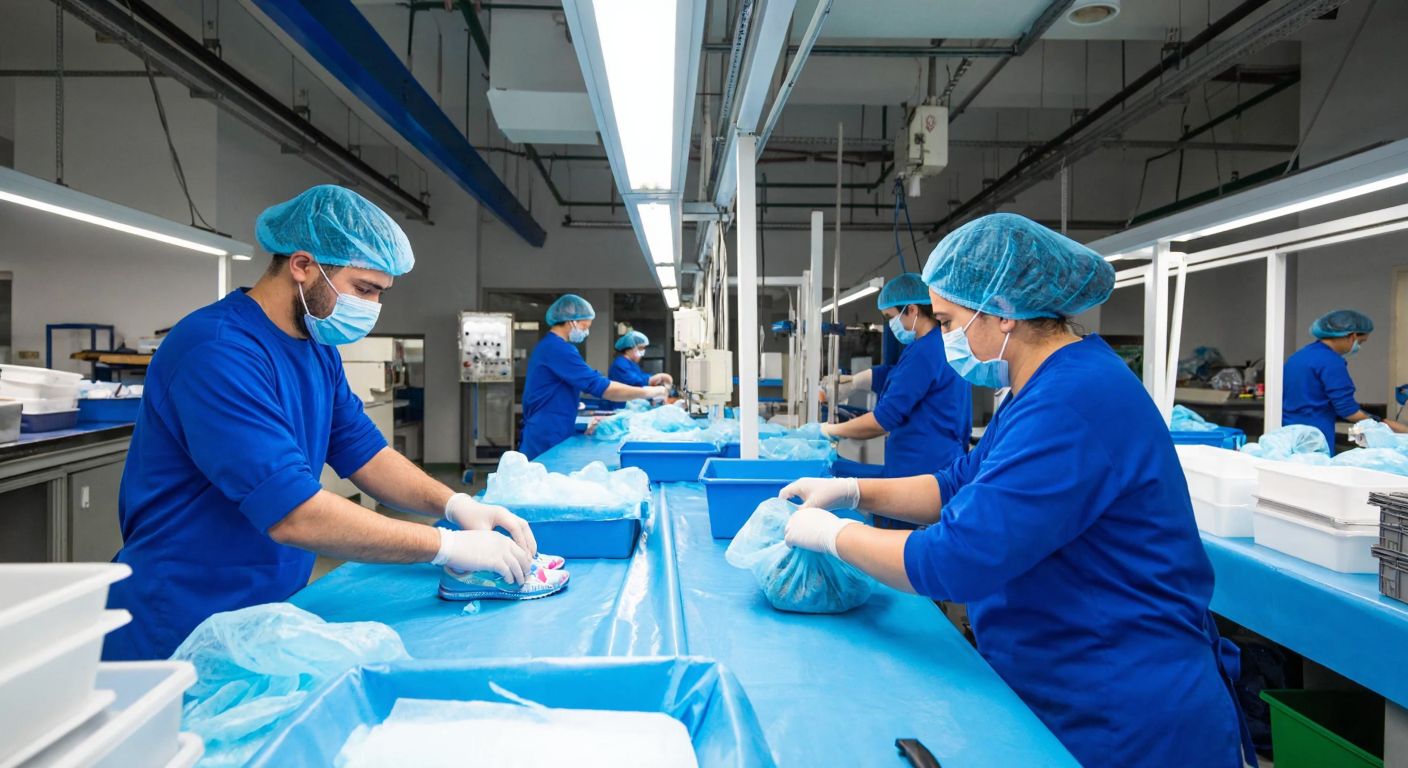 A modern factory in Istanbul with workers in blue uniforms assembling disposable shoe covers and hairnets on a bright production line.