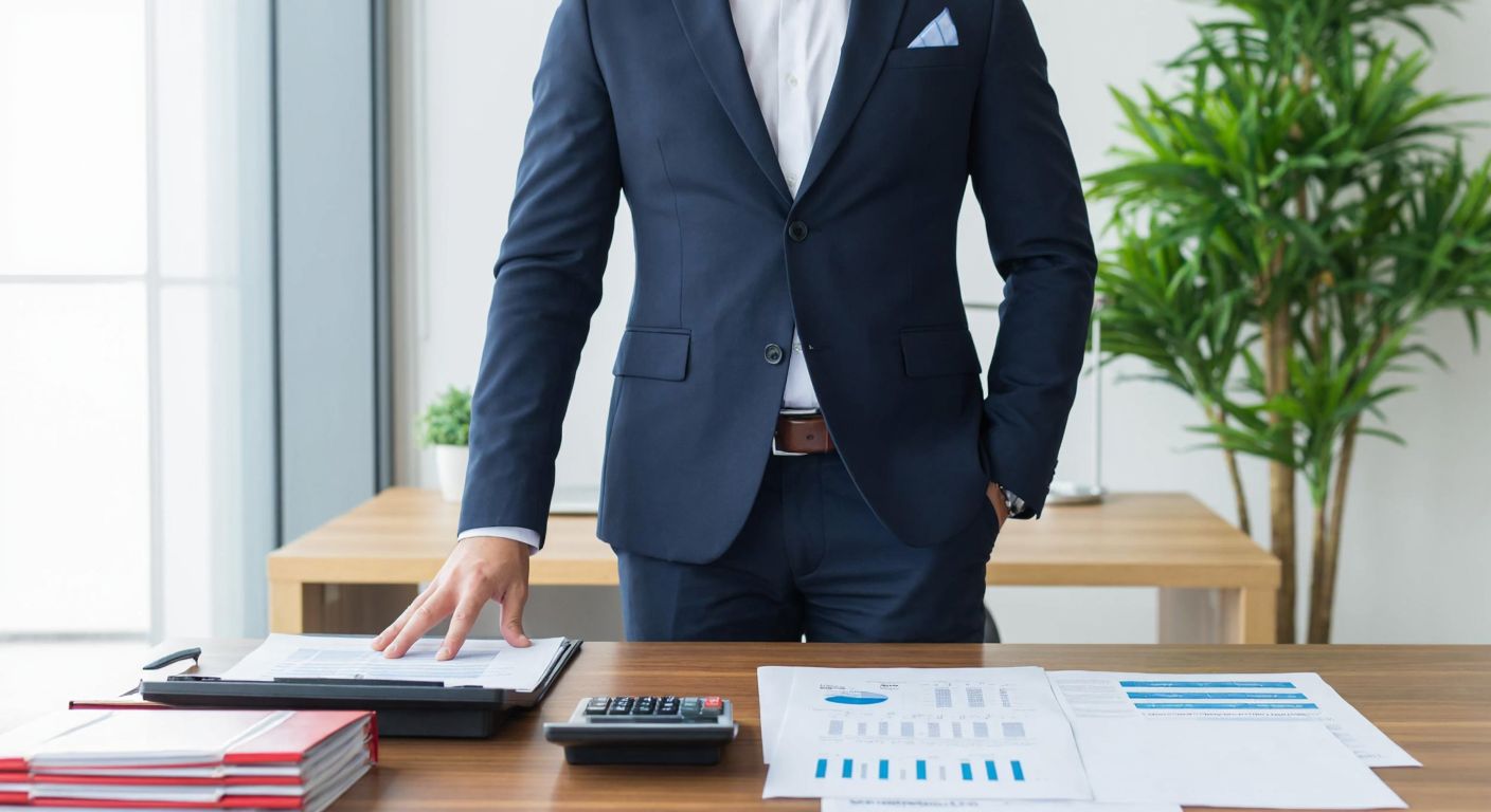 A professional Turkish accountant in a formal suit stands confidently in a modern office in Kocaeli, reviewing financial documents with a calculator and organized files on a wooden desk, symbolizing trust and expertise.