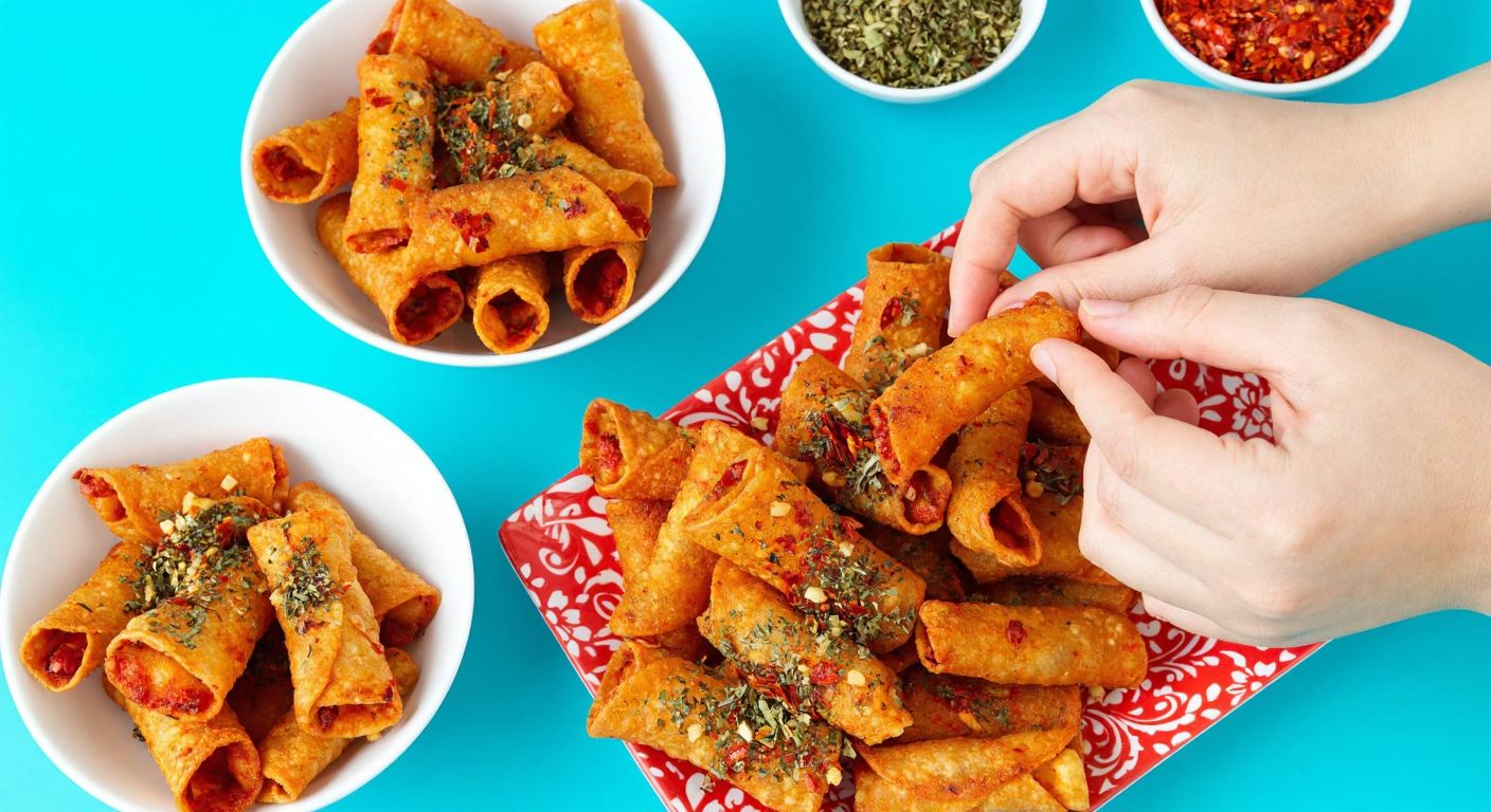 A vibrant Turkish snack table featuring a bowl of spicy Patos Rolls with red chili flakes and a bowl of seasoned ones with aromatic herbs, surrounded by eager hands reaching to taste.